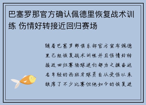 巴塞罗那官方确认佩德里恢复战术训练 伤情好转接近回归赛场